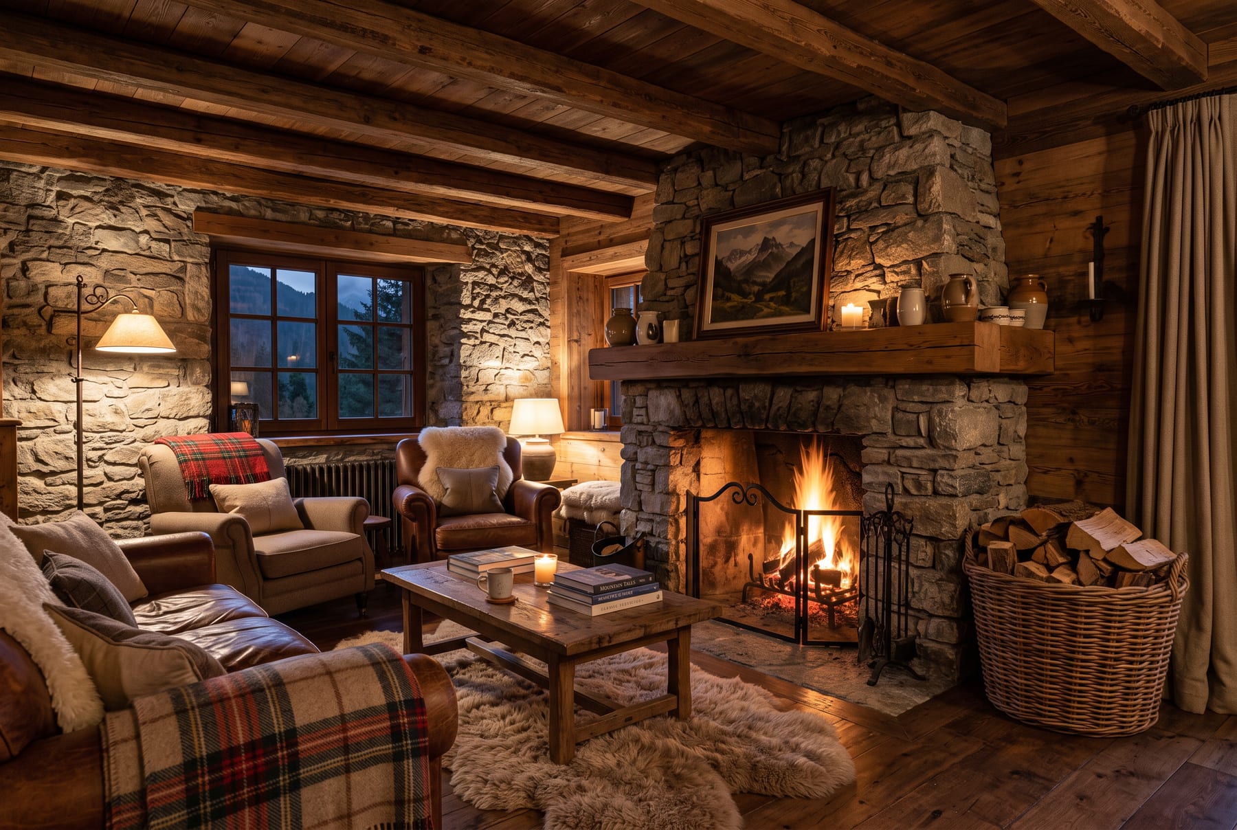 Living rustic cu șemineu de piatră aprins și fotolii de piele